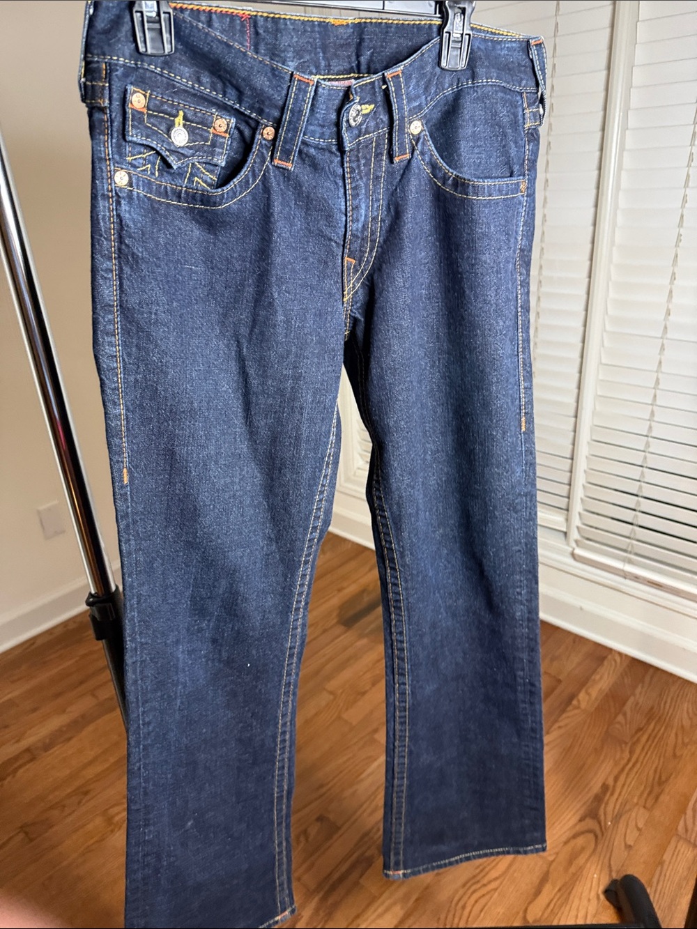 True Religion Mens Dark Blue Billy Jeans with Yellow and Orange Stitching sz31